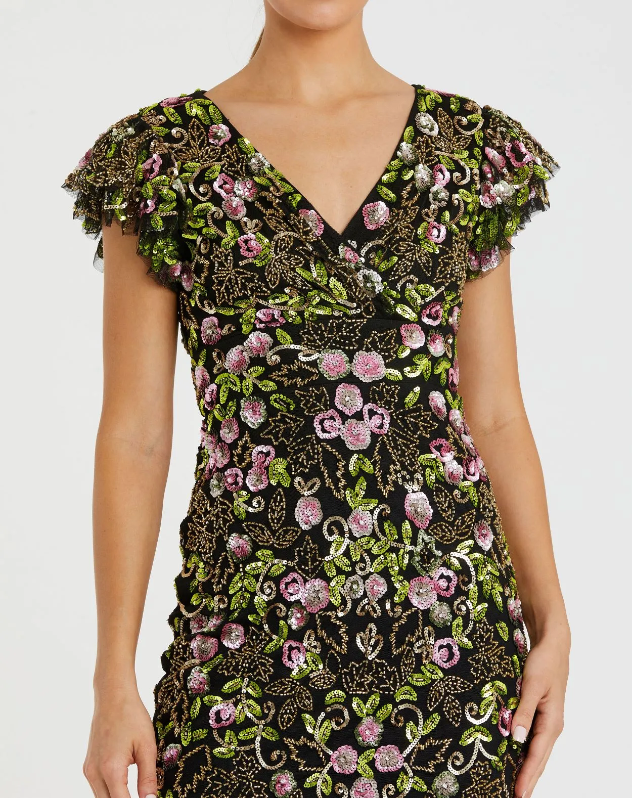 Black Floral Embellished Flutter Cap Sleeve Dress sold by Mac Duggal product image thumbnail 2