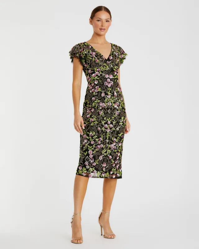 Black Floral Embellished Flutter Cap Sleeve Dress sold by Mac Duggal
