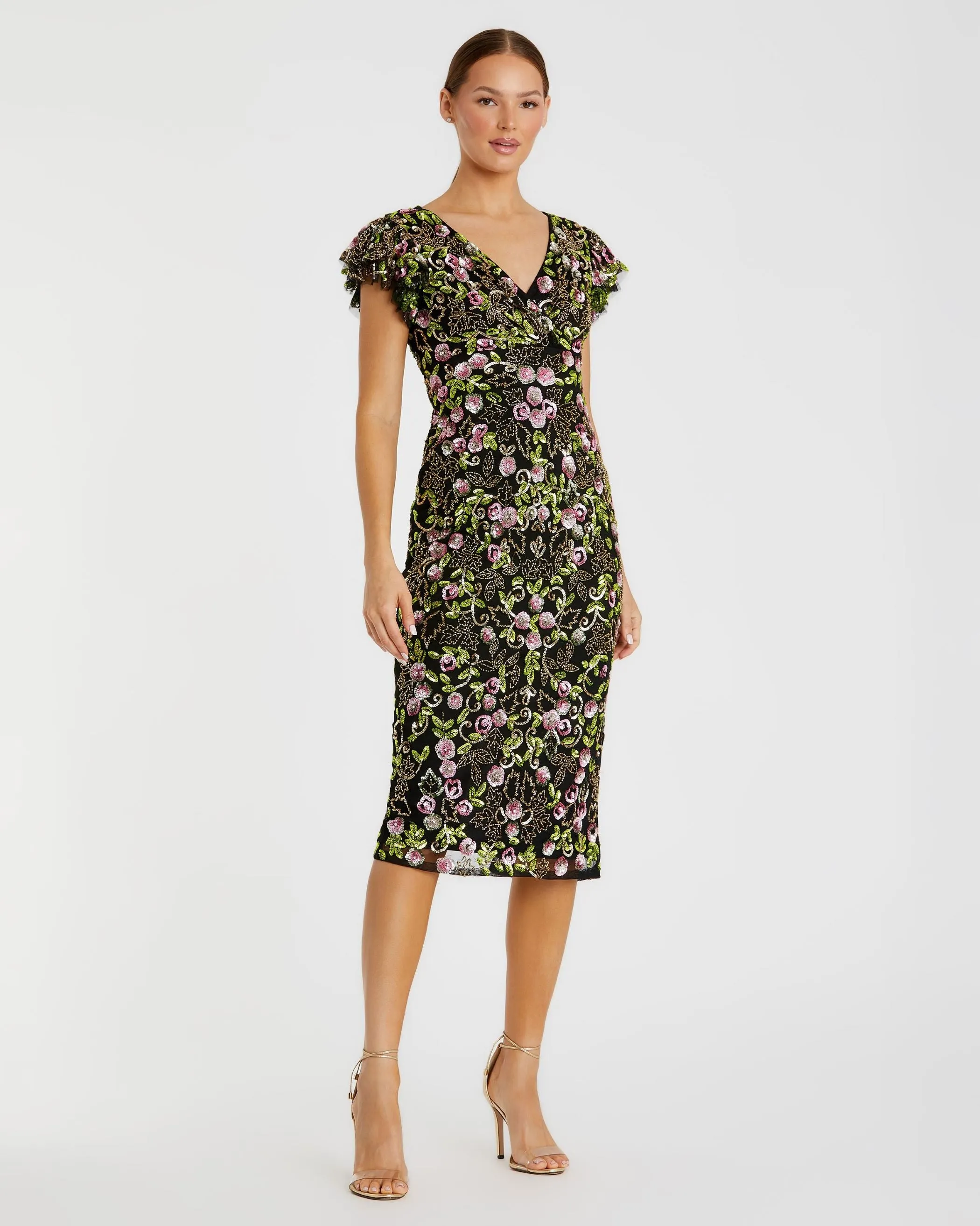 Black Floral Embellished Flutter Cap Sleeve Dress sold by Mac Duggal