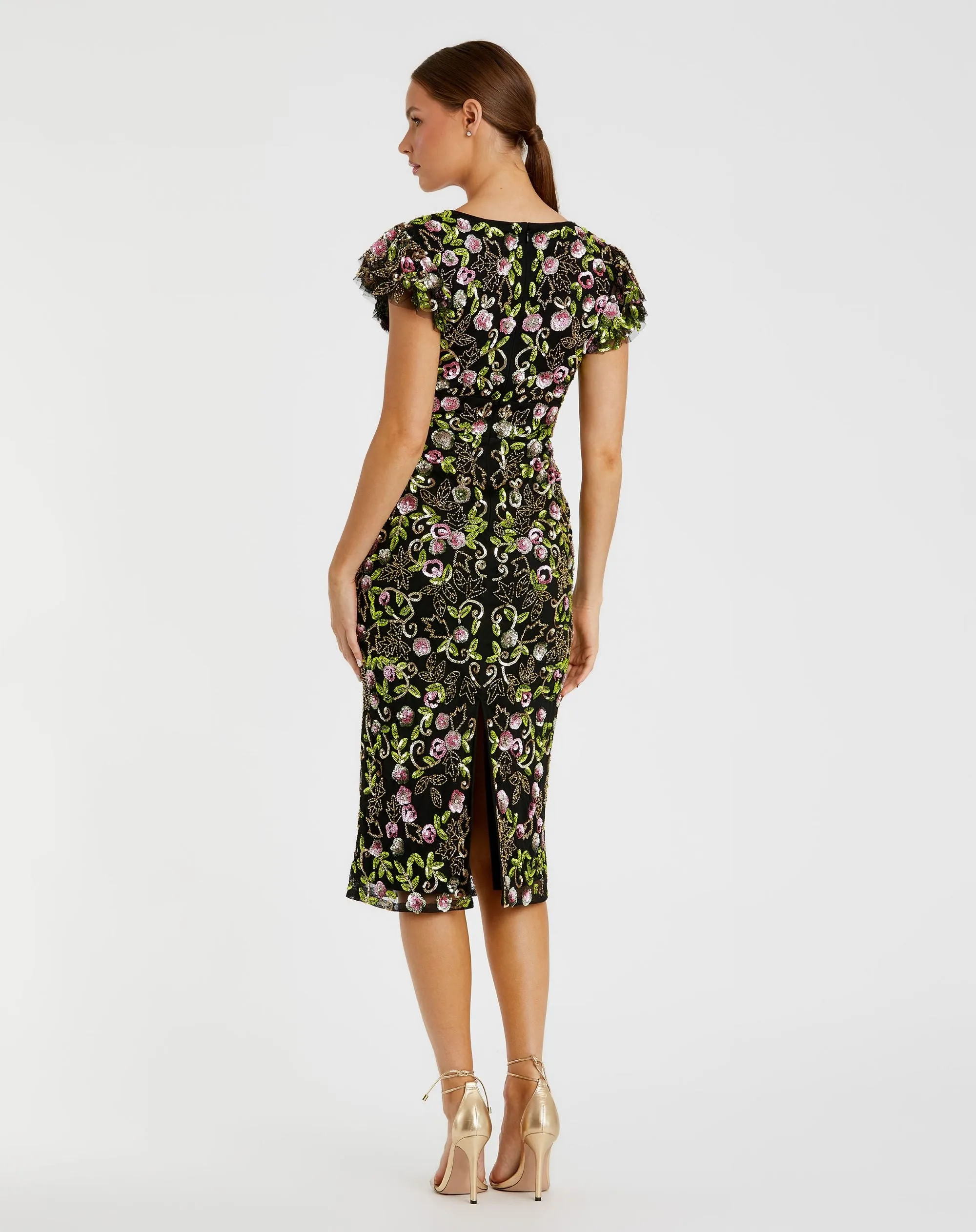 Black Floral Embellished Flutter Cap Sleeve Dress sold by Mac Duggal product image thumbnail 3