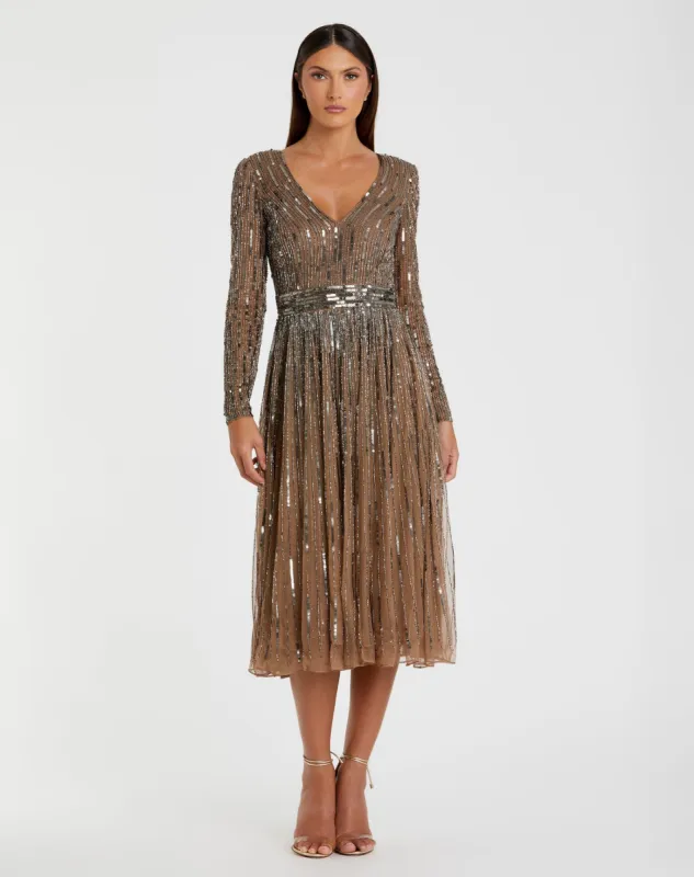 Brown Long Sleeve Tea Length Dress sold by Mac Duggal
