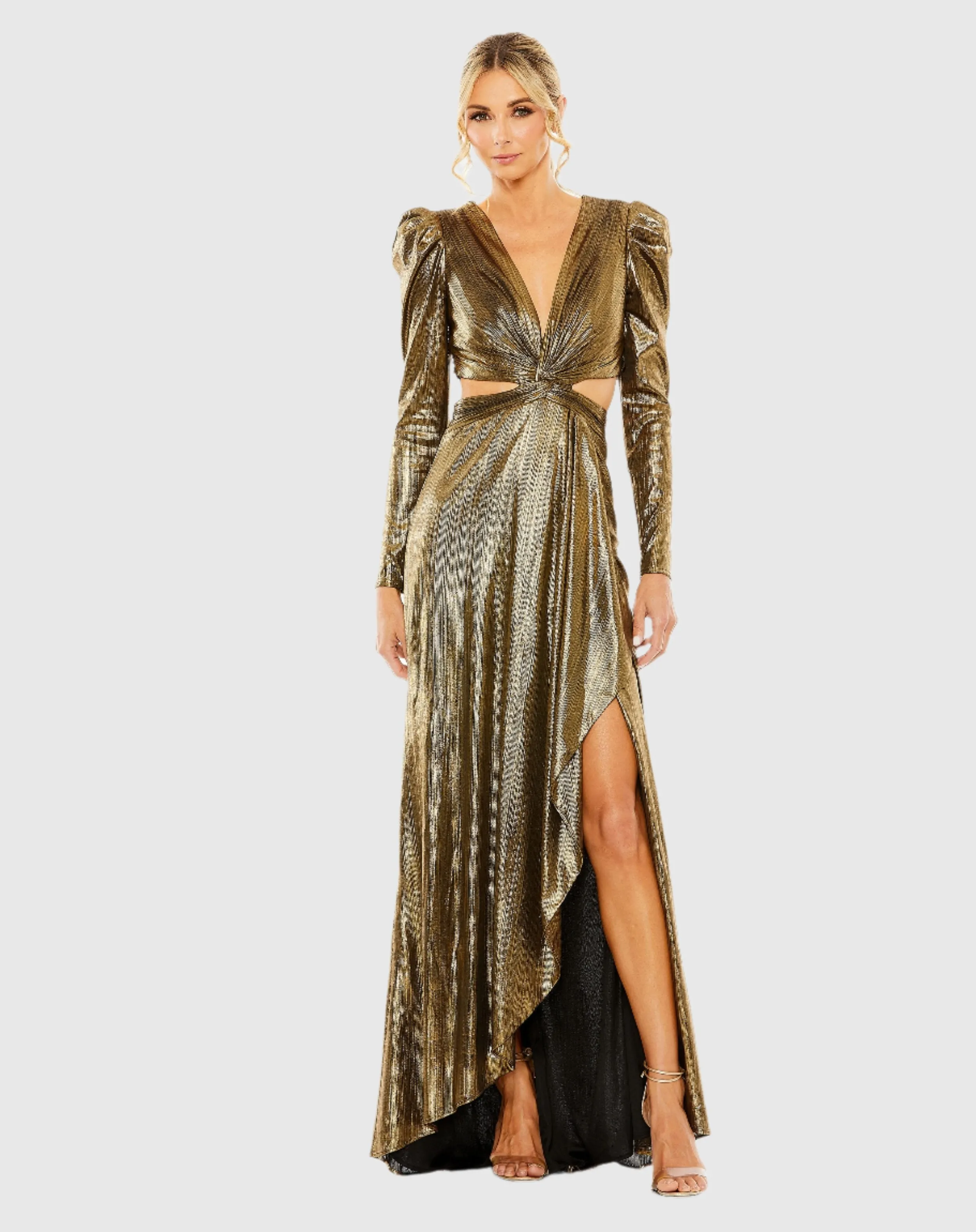 Gold Princess Sleeve Cut Out Metallic Gown sold by Mac Duggal