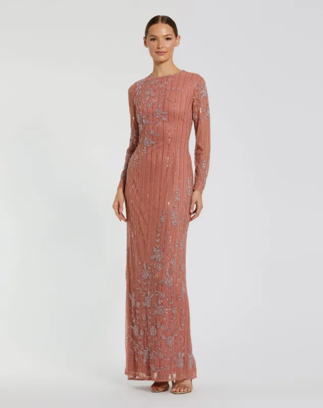 Pink Embellished High Neck Illusion Long Sleeve Gown sold by Mac Duggal