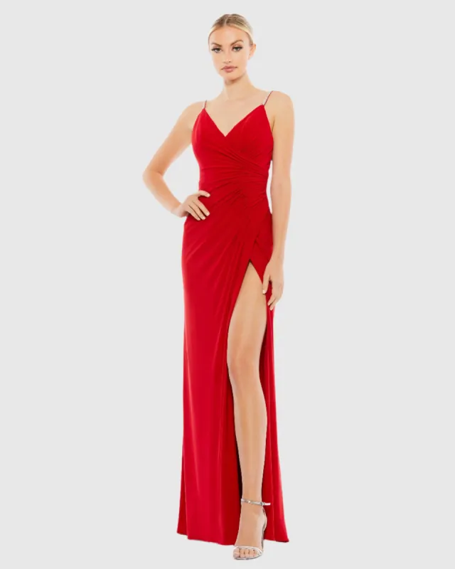 Red Faux Wrap V Neck Open Back Gown sold by Mac Duggal