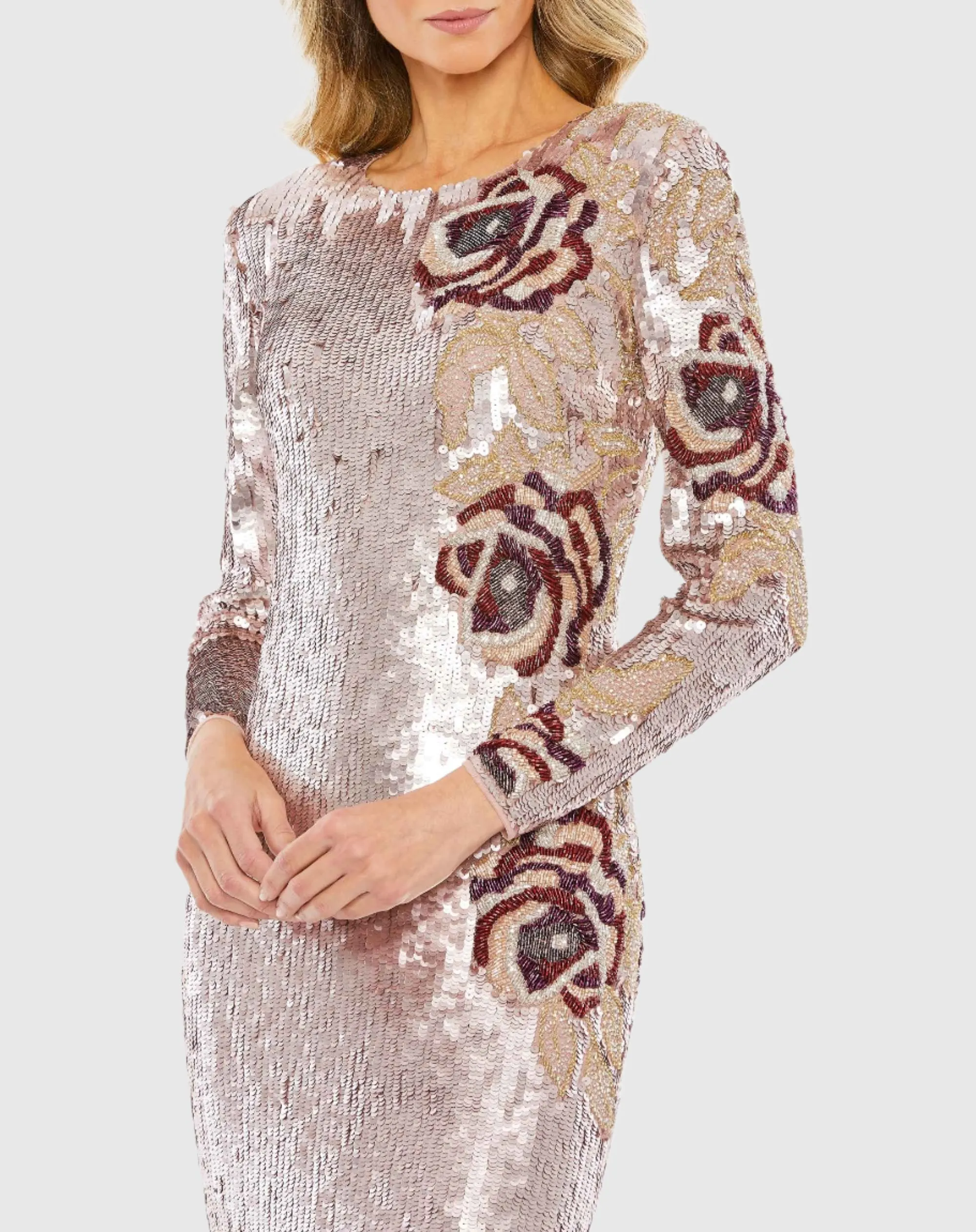 Rose Pink Sequined Asymmetrical Floral Long Sleeve Midi Dress sold by Mac Duggal product image thumbnail 2