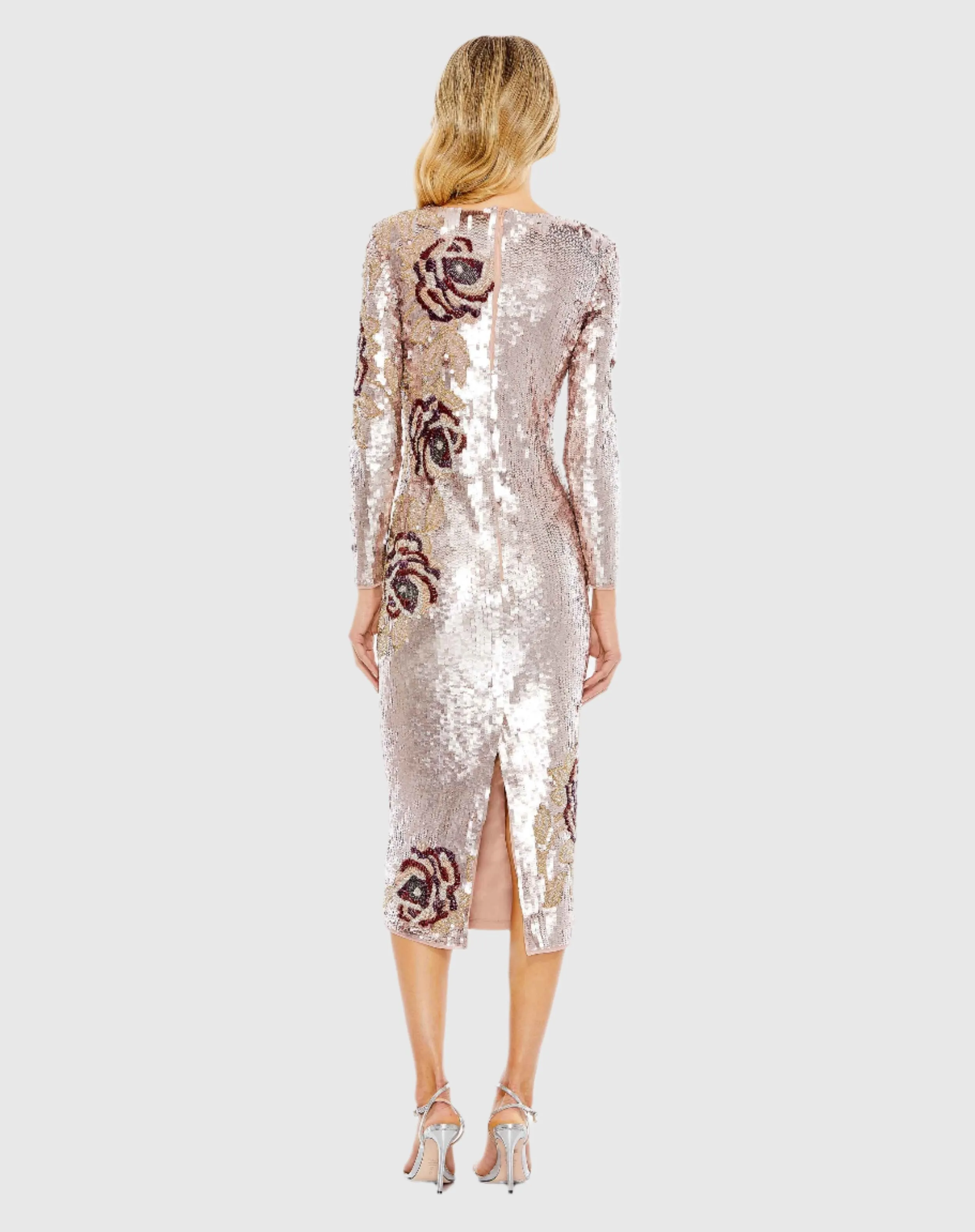 Rose Pink Sequined Asymmetrical Floral Long Sleeve Midi Dress sold by Mac Duggal product image thumbnail 3