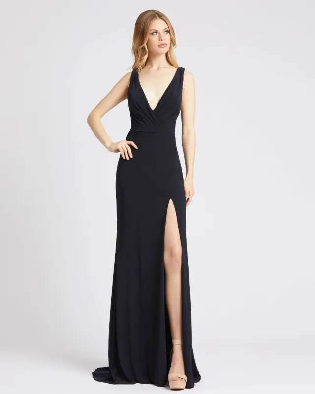 Navy Sleeveless V Neck Jersey Gown sold by Mac Duggal