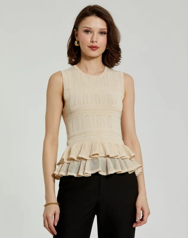 Beige Sleeveless High Neck Knit Top With Ruffle Hem sold by Mac Duggal