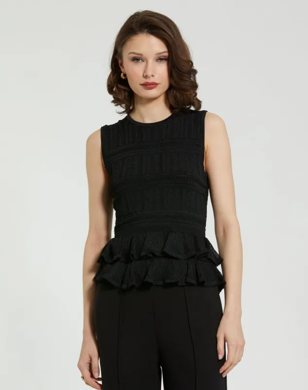 Black Sleeveless High Neck Knit Top With Ruffle Hem - FINAL SALE sold by Mac Duggal