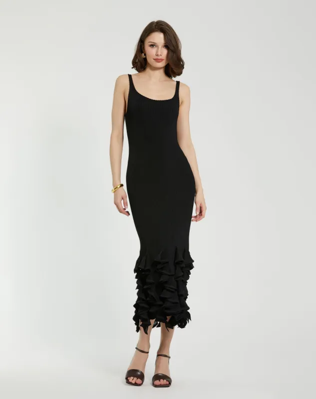 Black Rib Knit Sleeveless Midi Dress With Ruffle Hem sold by Mac Duggal