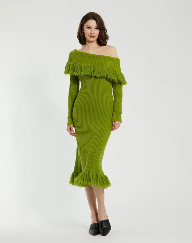 Green Off The Shoulder Fringe Long Sleeve Knit Dress sold by Mac Duggal