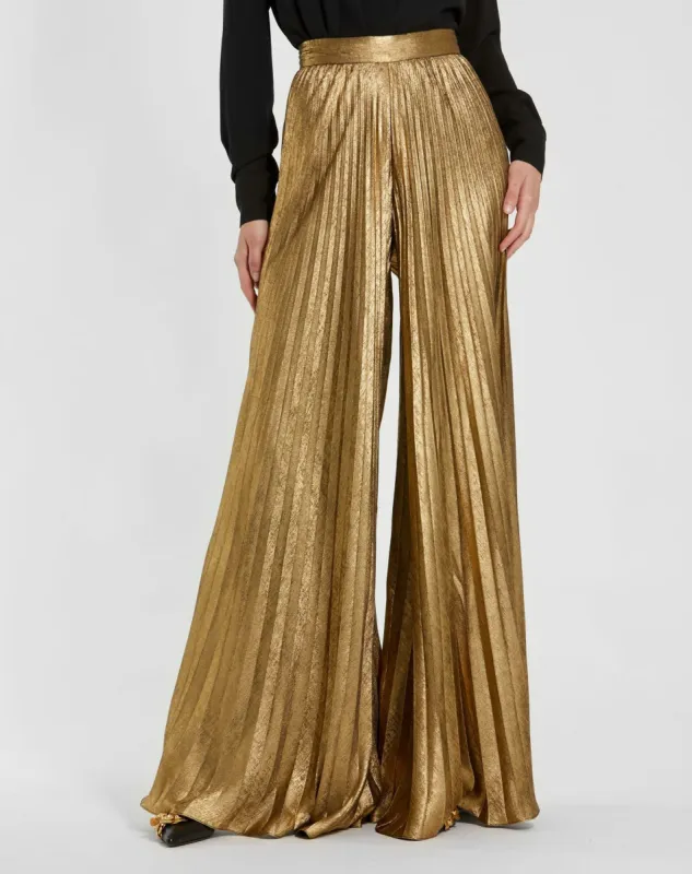 Gold Metallic Lamé Pleated Wide Leg Pant sold by Mac Duggal