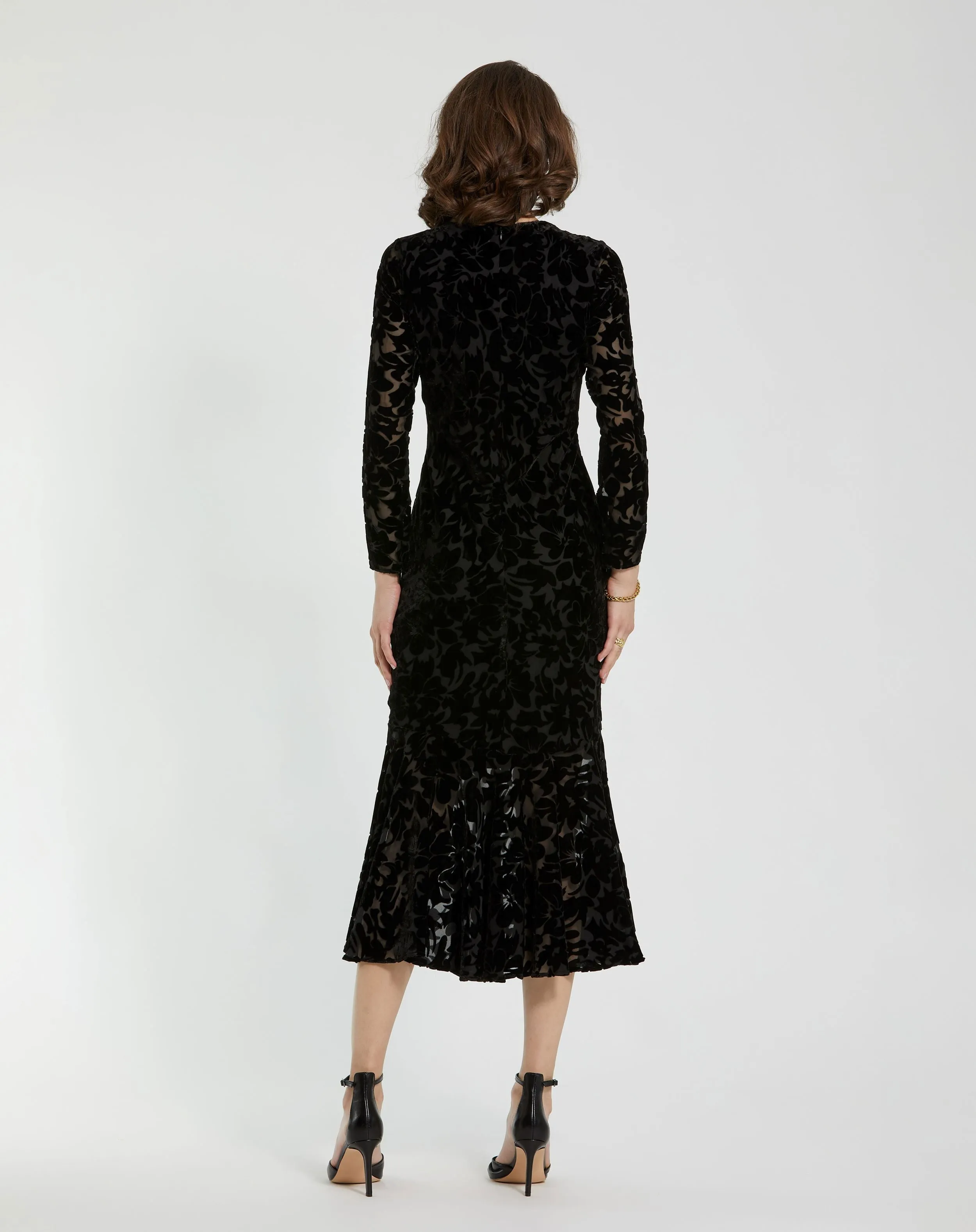 Black Burnout Velvet Long Sleeve Midi Dress sold by Mac Duggal product image thumbnail 3