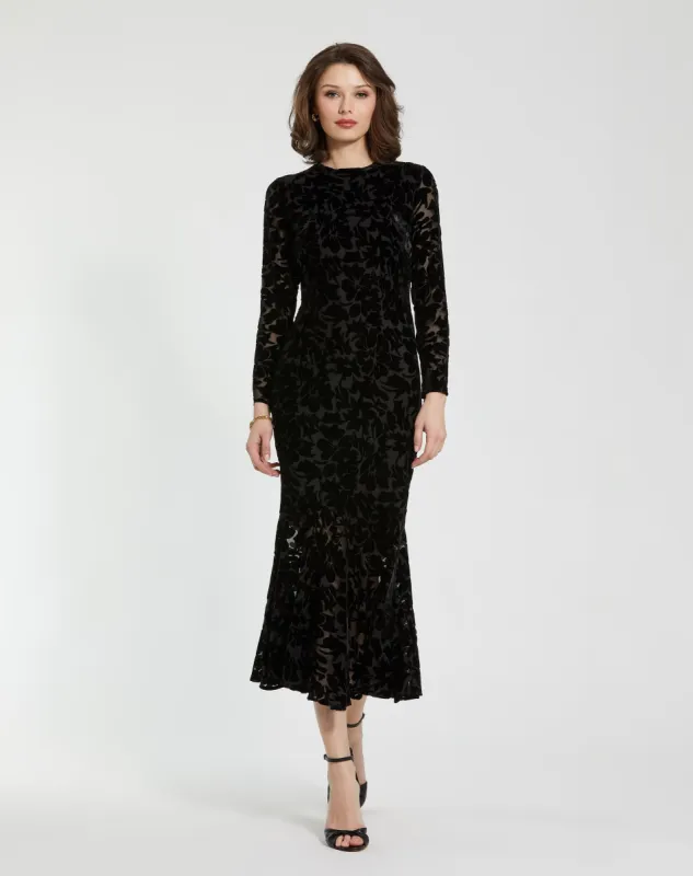 Black Burnout Velvet Long Sleeve Ruffle Hem Midi Dress sold by Mac Duggal