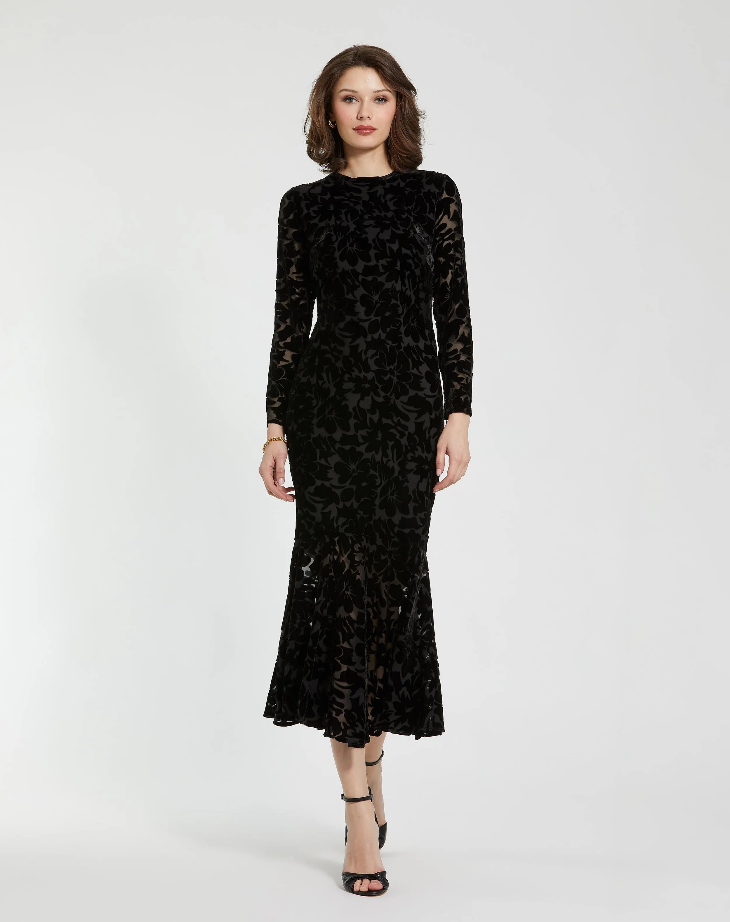 Black Burnout Velvet Long Sleeve Midi Dress sold by Mac Duggal