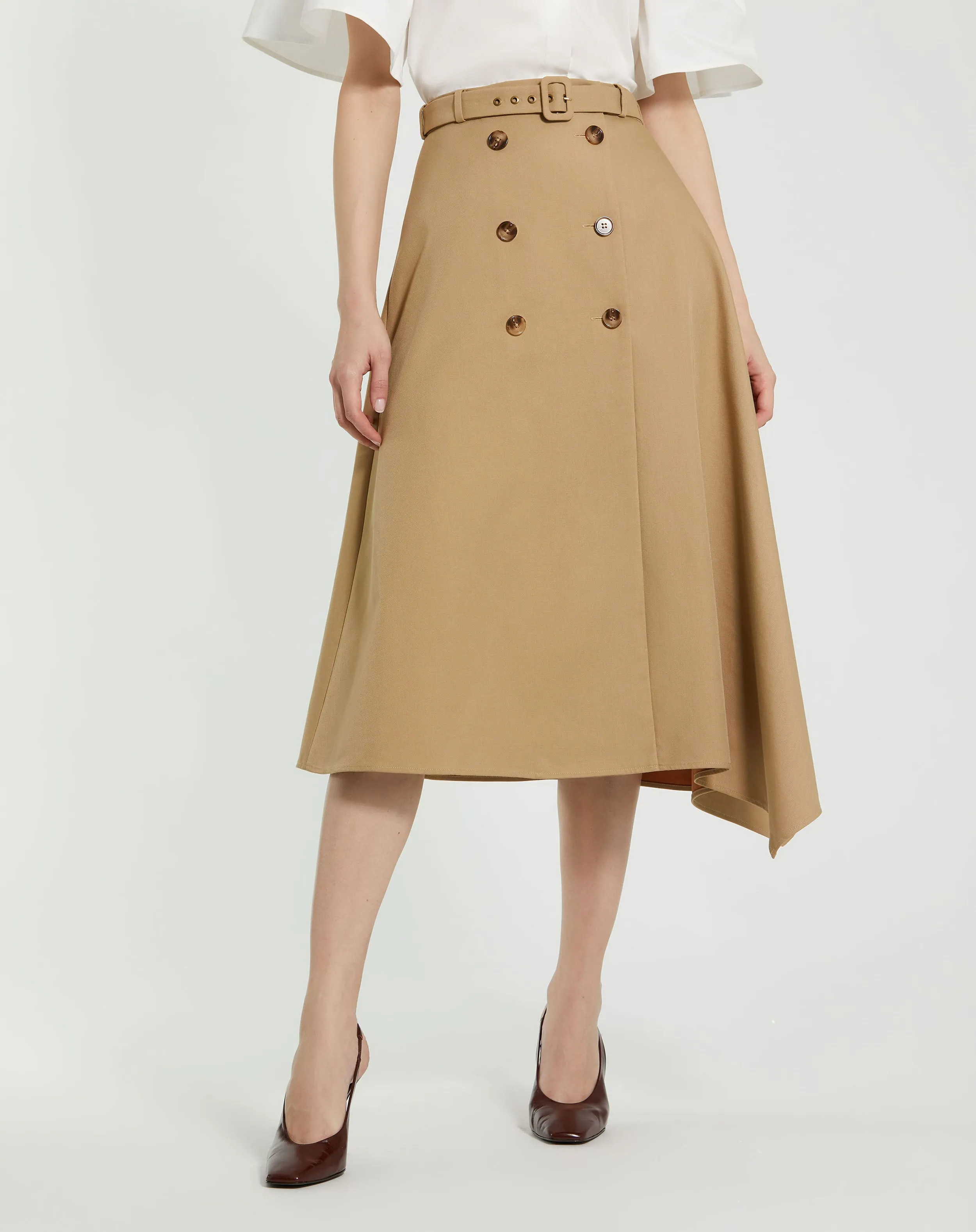 Beige Twill Midi Skirt With Buttons sold by Mac Duggal