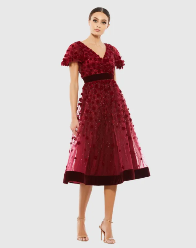 Red Embellished Butterfly Sleeve Velvet Hem Midi Dress sold by Mac Duggal