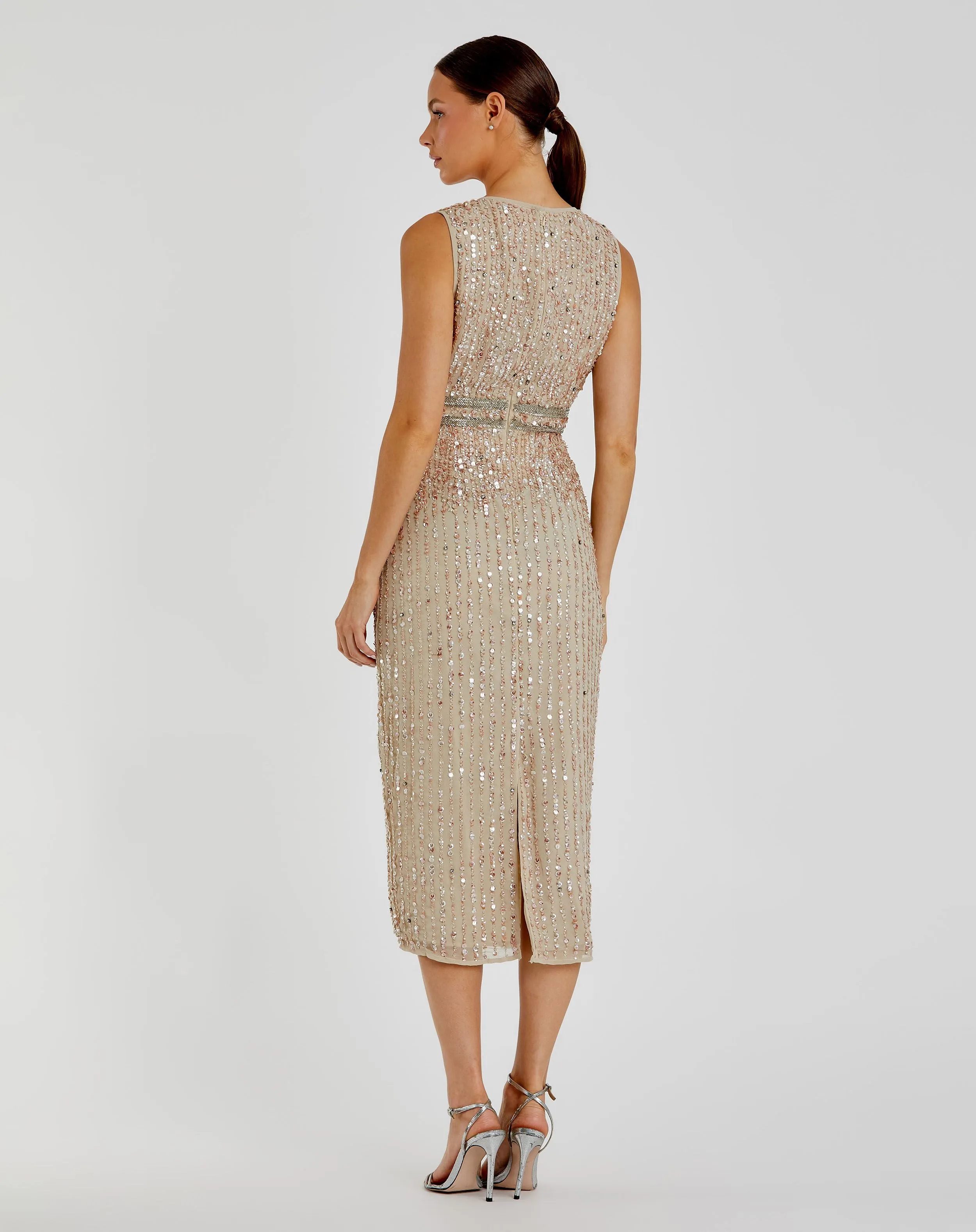 Nude Sleeveless High Neck Beaded Midi Sheath Dress - FINAL SALE sold by Mac Duggal product image thumbnail 3