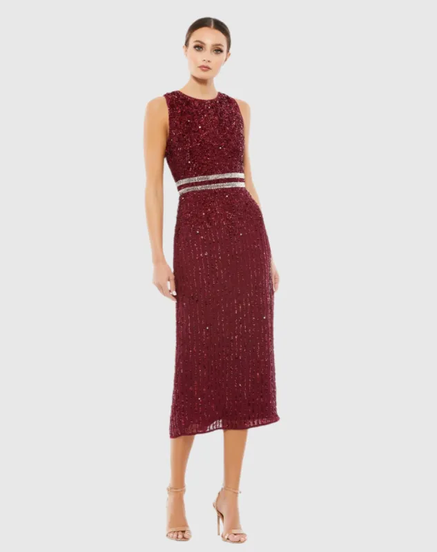 Dark Red Sleeveless High Neck Beaded Midi Sheath Dress sold by Mac Duggal