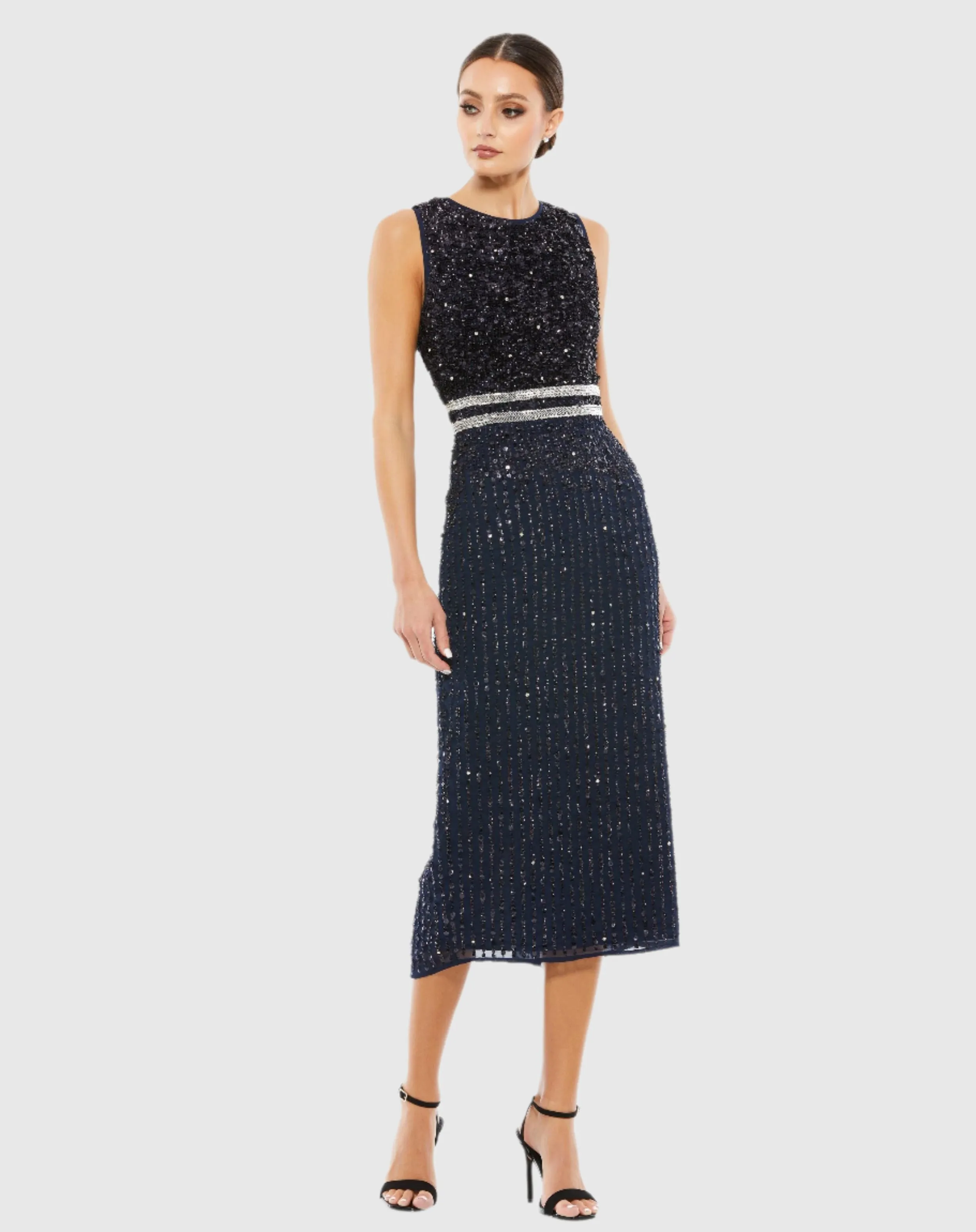 Navy Sleeveless High Neck Beaded Midi Sheath Dress sold by Mac Duggal