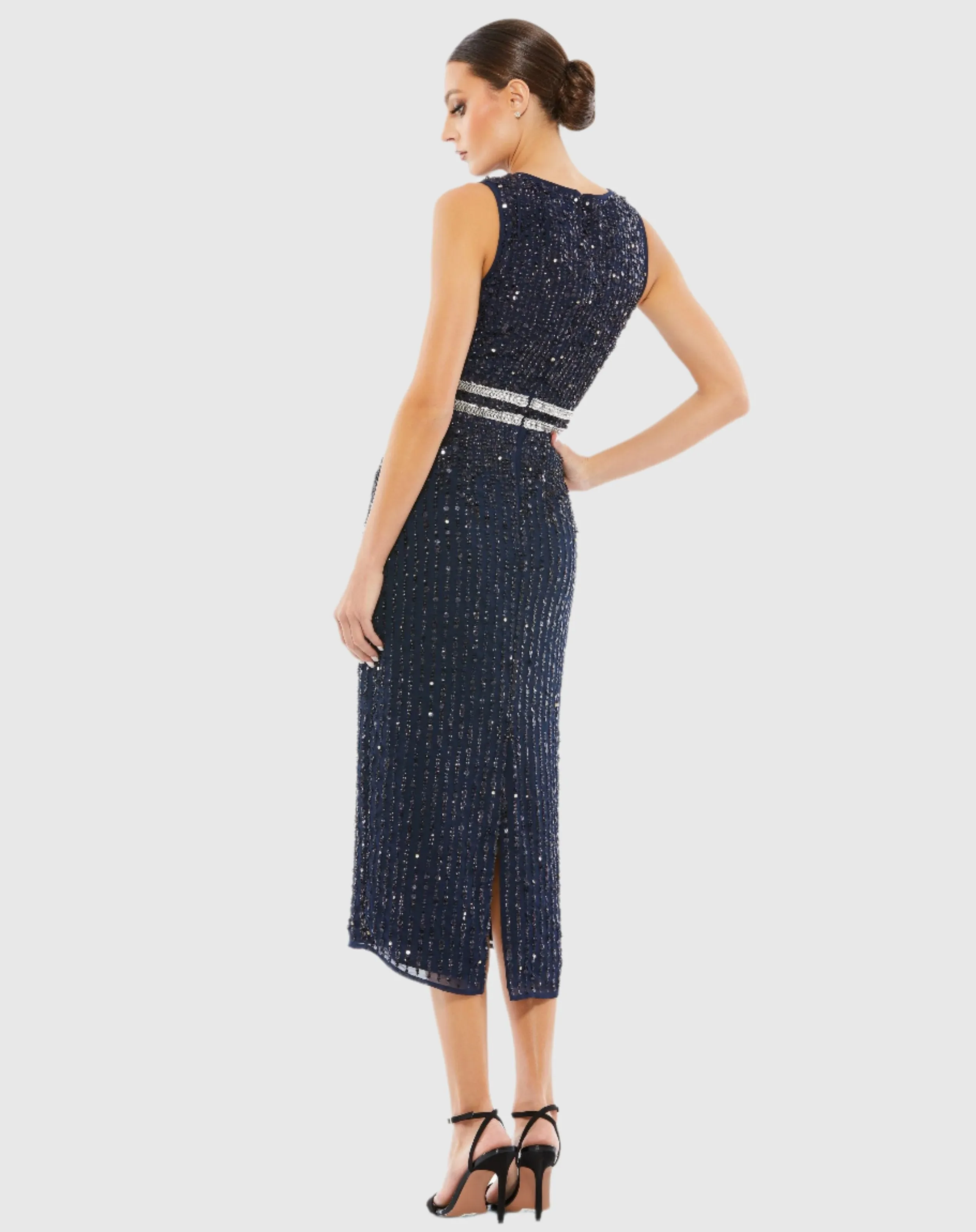 Navy Sleeveless High Neck Beaded Midi Sheath Dress sold by Mac Duggal product image thumbnail 3