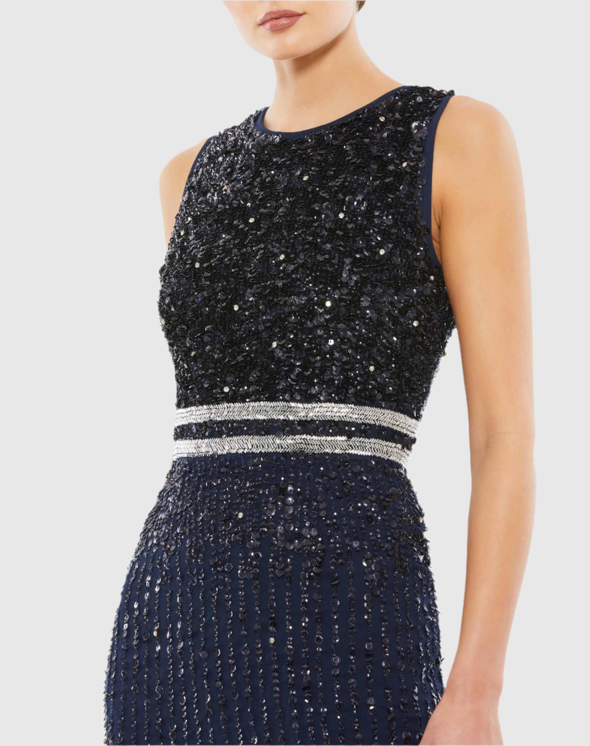 Navy Sleeveless High Neck Beaded Midi Sheath Dress sold by Mac Duggal product image thumbnail 2