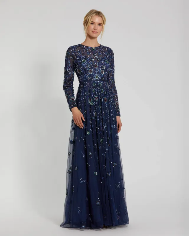 Navy Embellished High Neck Long Sleeve A Line Gown sold by Mac Duggal