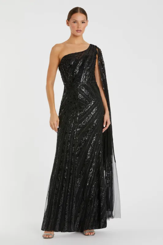 Black One Shoulder Cape Sleeve Embellished Gown sold by Mac Duggal