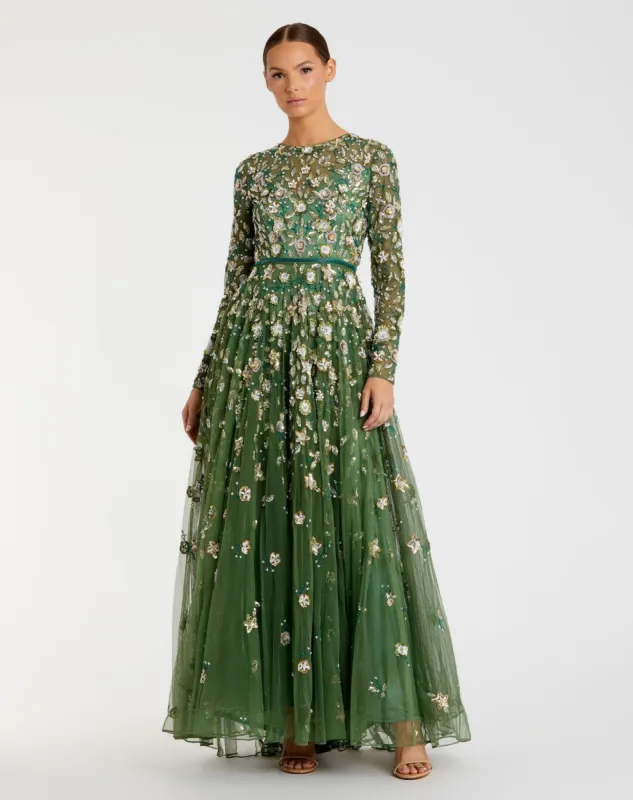 Green Embellished High Neck Long Sleeve A Line Gown sold by Mac Duggal