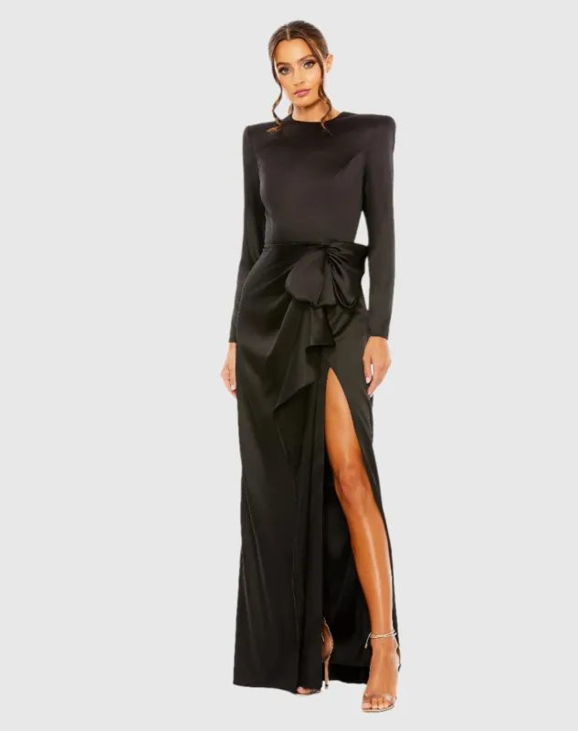 Black Long Sleeve Satin Structured Bow Draped Column Gown sold by Mac Duggal