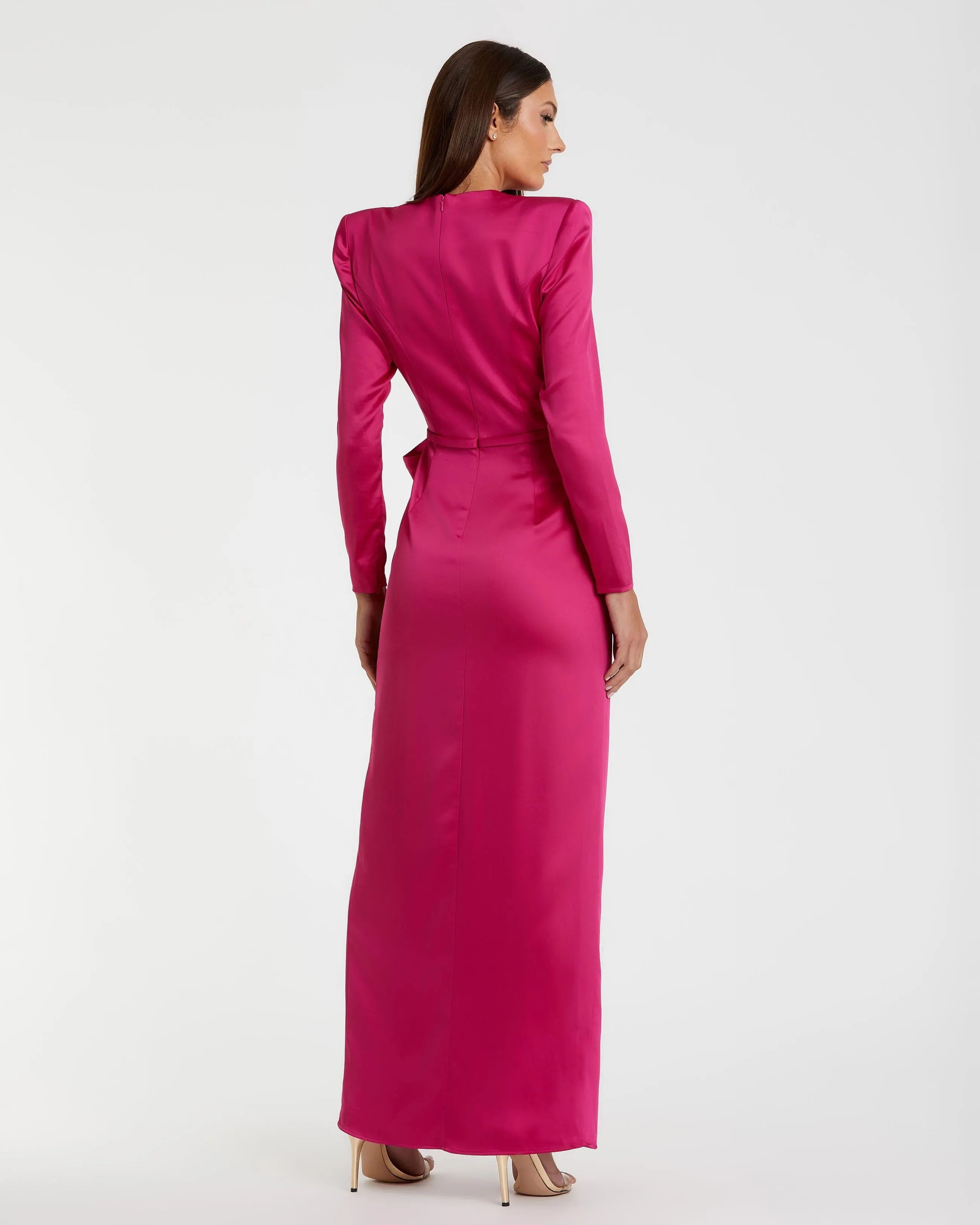 Pink Long Sleeve Satin Structured Bow Draped Column Gown sold by Mac Duggal product image thumbnail 3