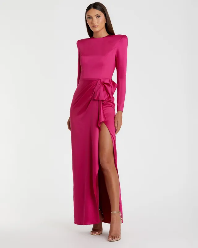 Pink Long Sleeve Satin Structured Bow Draped Column Gown sold by Mac Duggal