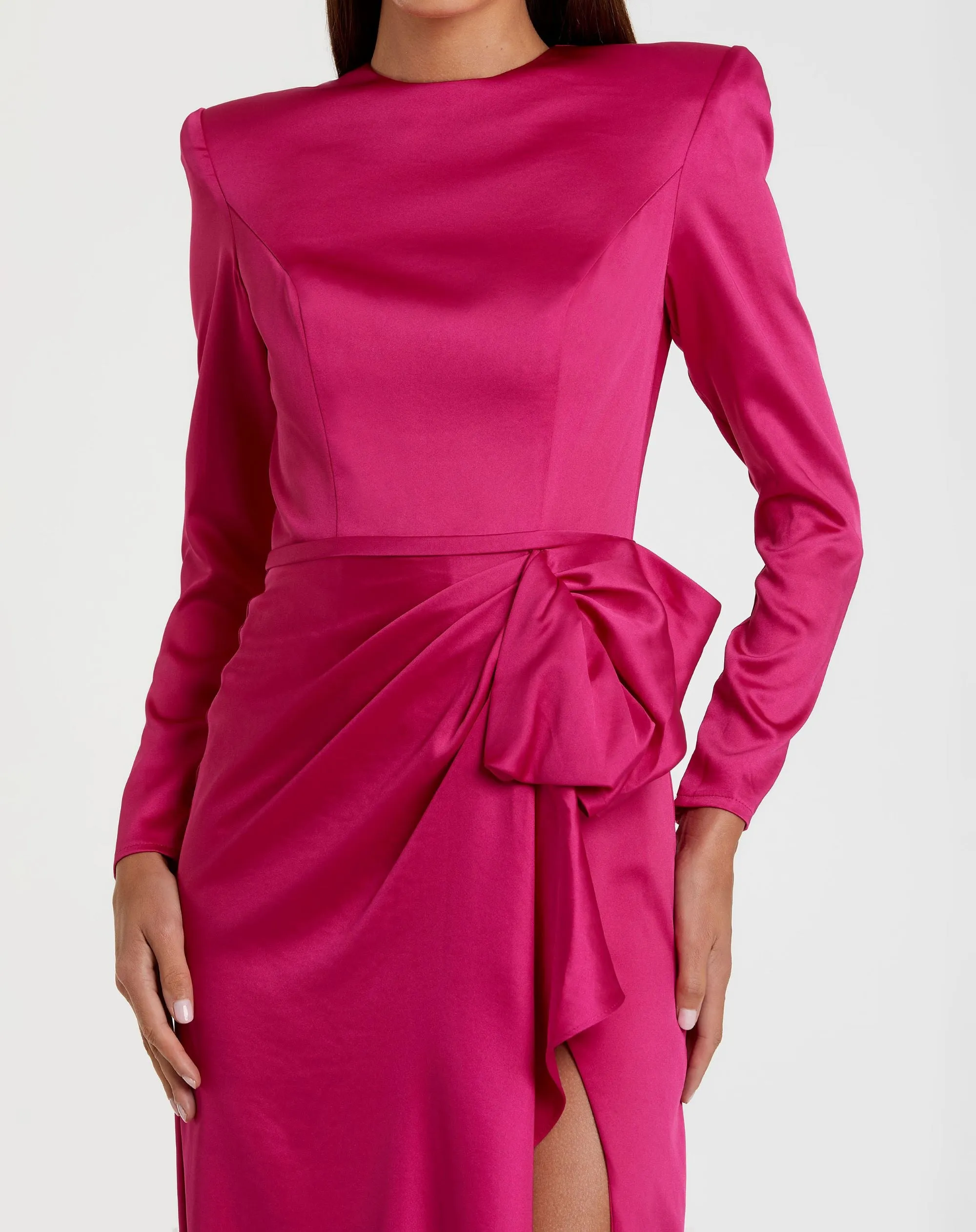 Pink Long Sleeve Satin Structured Bow Draped Column Gown sold by Mac Duggal product image thumbnail 2
