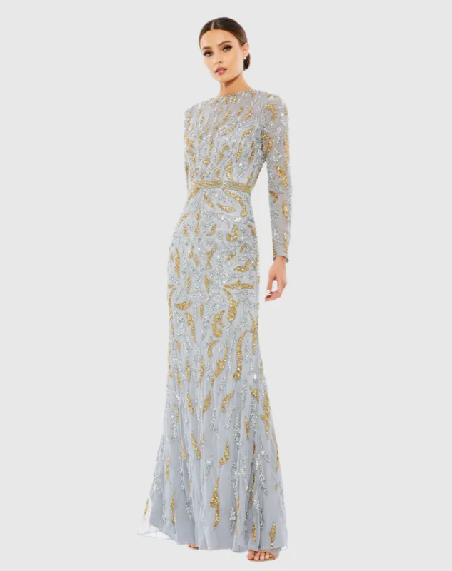 Gray Long Sleeve Beaded Evening Gown sold by Mac Duggal