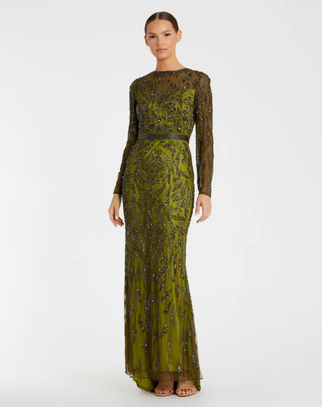 Green Long Sleeve Beaded Evening Gown sold by Mac Duggal