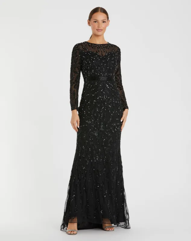 Black Long Sleeve Beaded Evening Gown sold by Mac Duggal