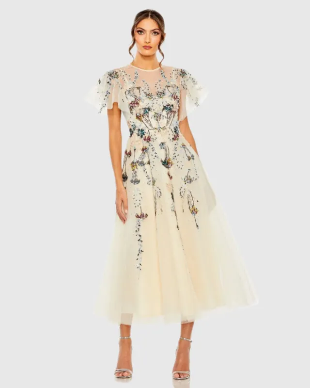 Beige Flutter Sleeve High Neck Embellished Floral Dress sold by Mac Duggal