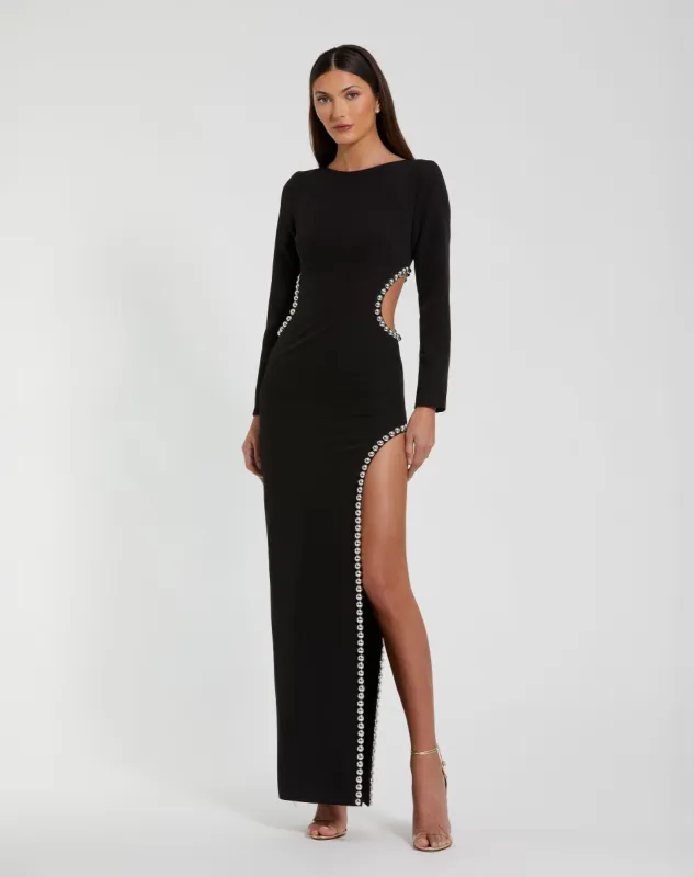 Black Crepe Long Sleeve Gown With Beaded Cut Outs sold by Mac Duggal