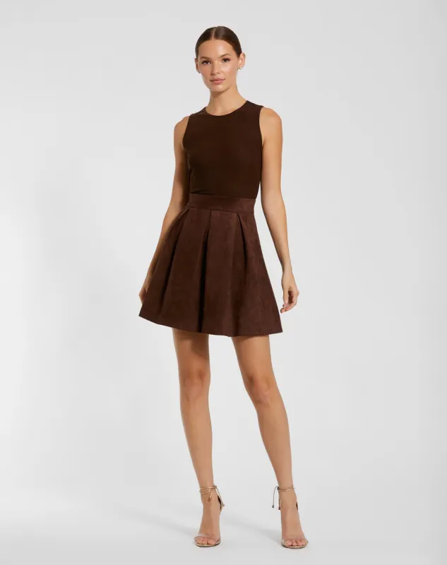 Brown Sleeveless Mesh And Suede A Line Mini Dress sold by Mac Duggal
