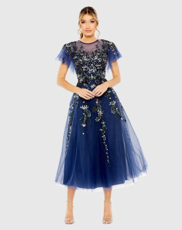 Navy Flutter Sleeve High Neck Embellished Floral Dress sold by Mac Duggal