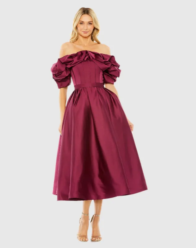 Plum Off The Shoulder Tea Length Dress sold by Mac Duggal