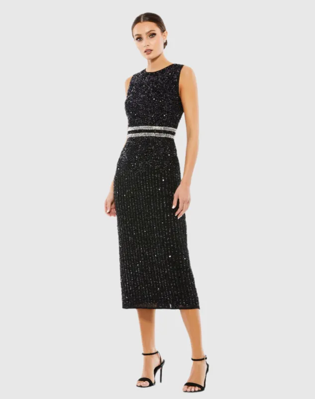 Black Sleeveless High Neck Beaded Midi Sheath Dress sold by Mac Duggal