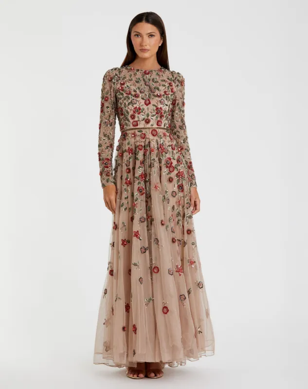 Beige Embellished High Neck Long Sleeve A Line Gown sold by Mac Duggal