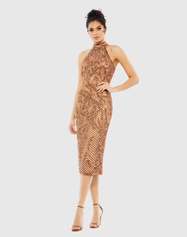 Brown Embellished Halter Midi Dress - FINAL SALE sold by Mac Duggal