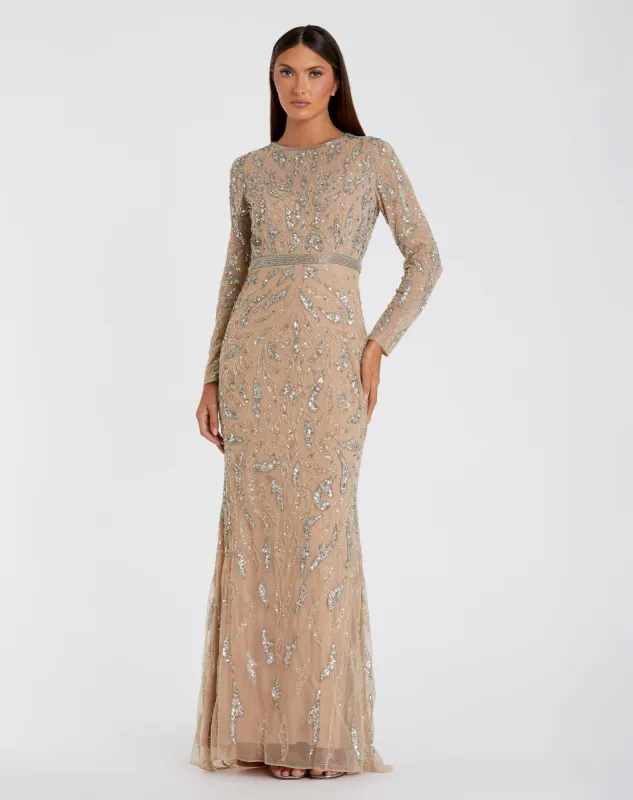 Beige Long Sleeve Beaded Evening Gown sold by Mac Duggal