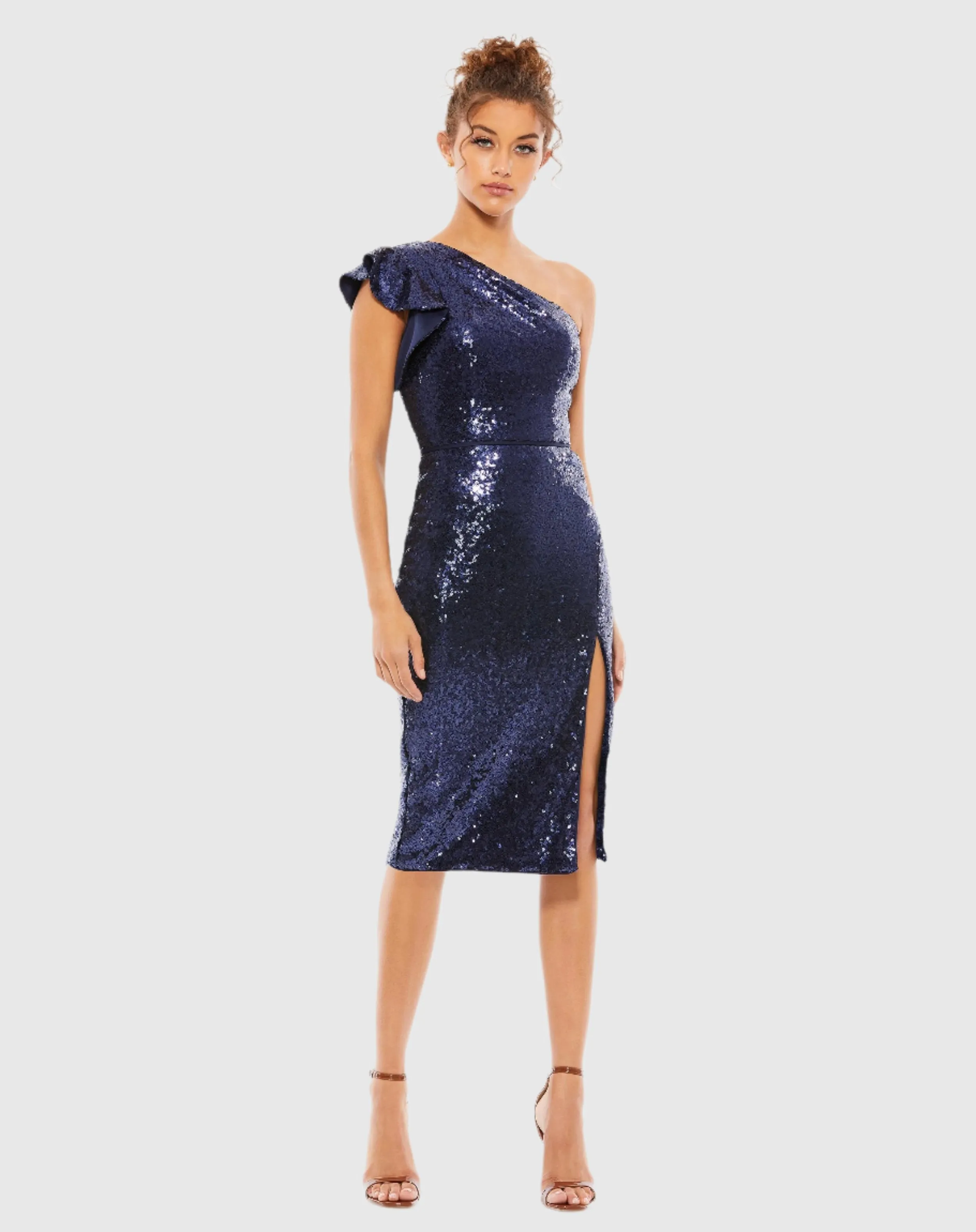 Navy Sequined Flutter One Shoulder Fitted Midi Dress sold by Mac Duggal