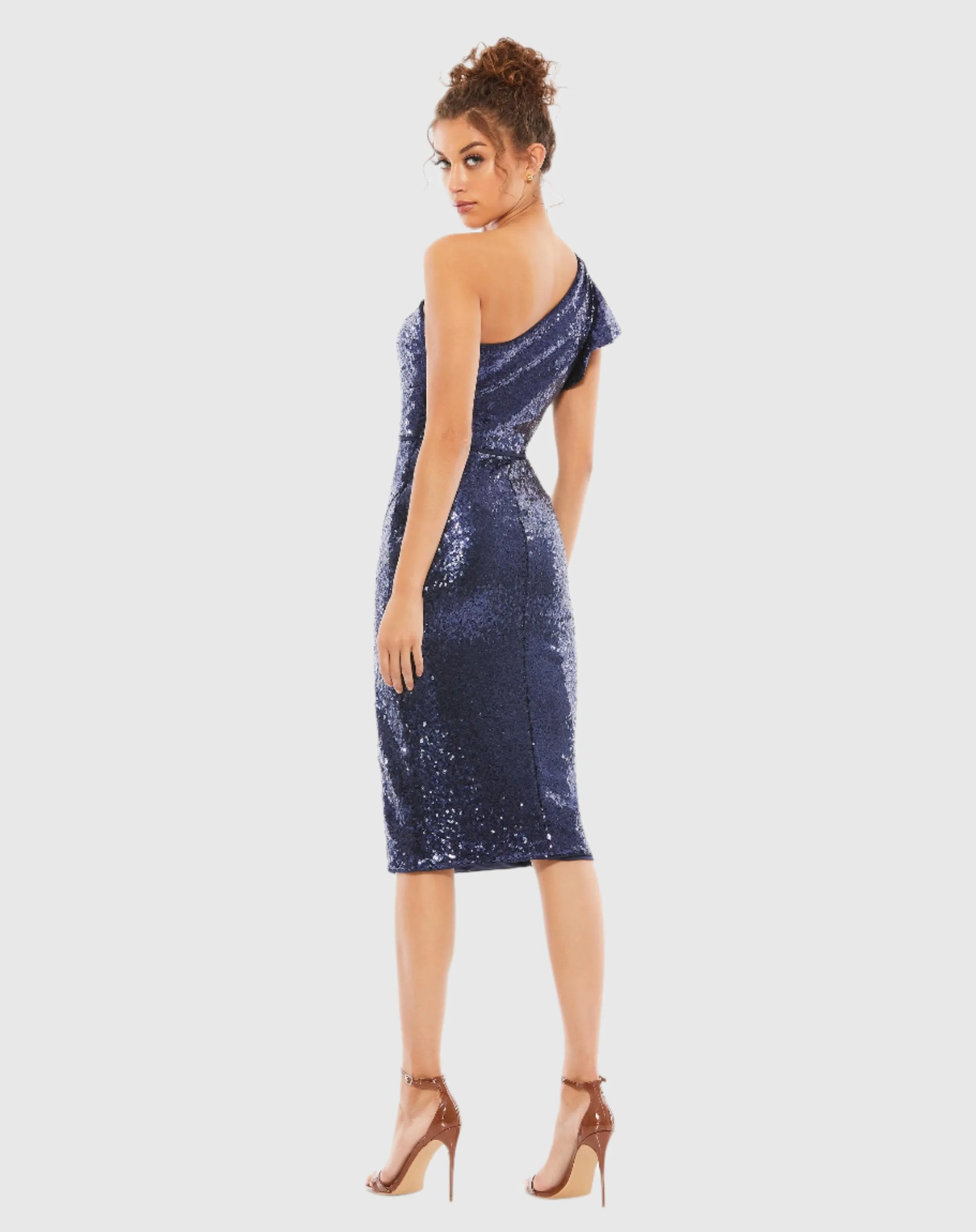 Navy Sequined Flutter One Shoulder Fitted Midi Dress sold by Mac Duggal product image thumbnail 4