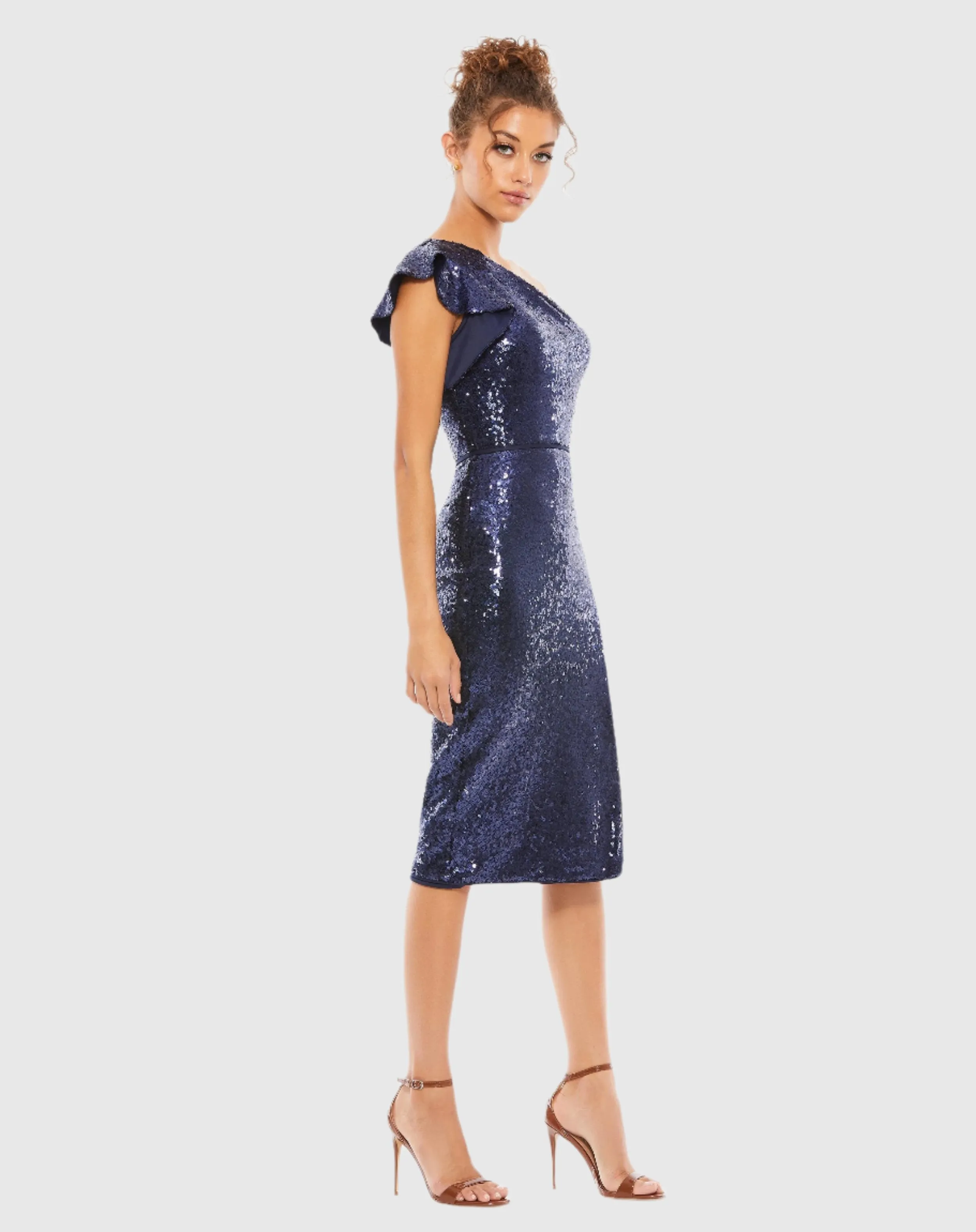 Navy Sequined Flutter One Shoulder Fitted Midi Dress sold by Mac Duggal product image thumbnail 3
