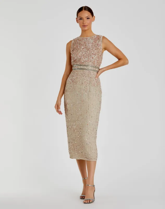Sleeveless High Neck Beaded Midi Sheath Dress sold by Mac Duggal