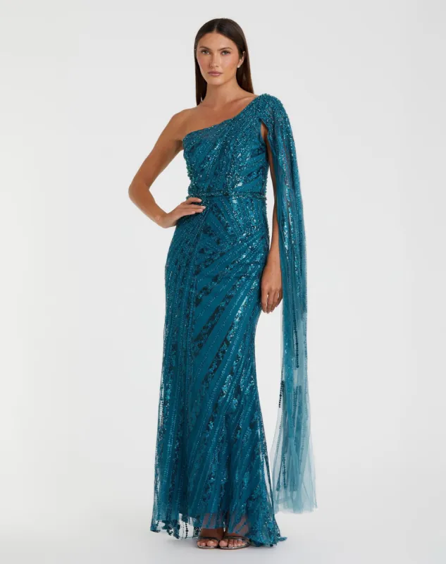 One Shoulder Cape Sleeve Embellished Gown sold by Mac Duggal